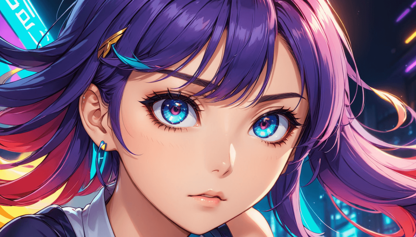anime woman same image full body eyes looking into screen whole body show top of head eye contact with viewer